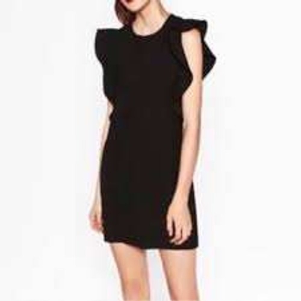 Zara Woman Black Ruffle Shoulder Mini Dress Sleeveless Sheath Size L